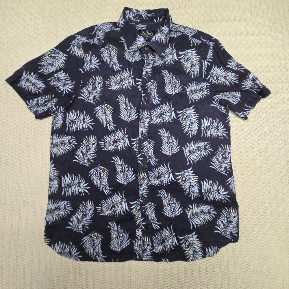 Nat Nast Shirt Mens Medium Blue Floral Short Sleeve Button Up Linen Hawaiian